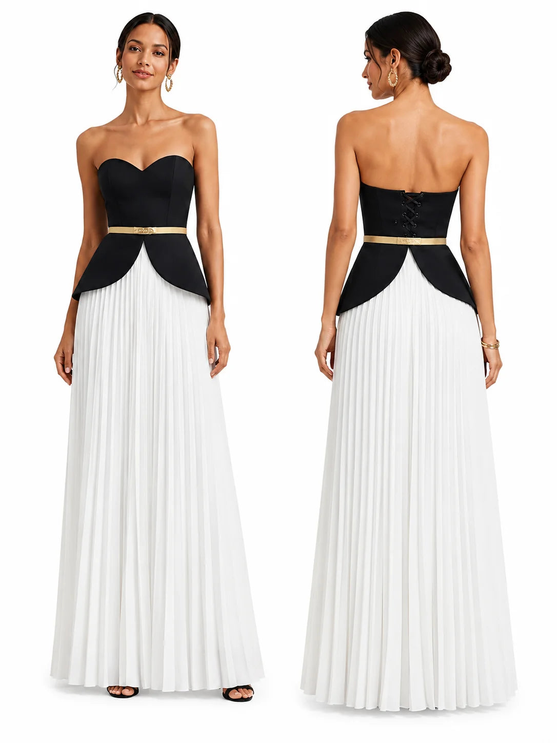 Women Strapless Sweetheart Formal Evening Gown, Black White Color Block Peplum Pleated Long Maxi Dress with Gold Belt for Wedding Guest Prom Party