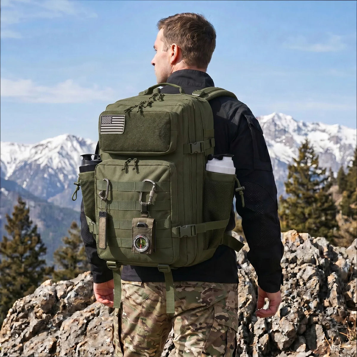 45L Large Tactical Hunting Backpack Shooting Rucksack with Dual Water Bottle Holders Outdoor Camo Hunting Gear Storage Backpack Survival Equipment Bag for Wild Shooting Hunting Trip Hiking Trekking Travel Sports EDC Daily Use