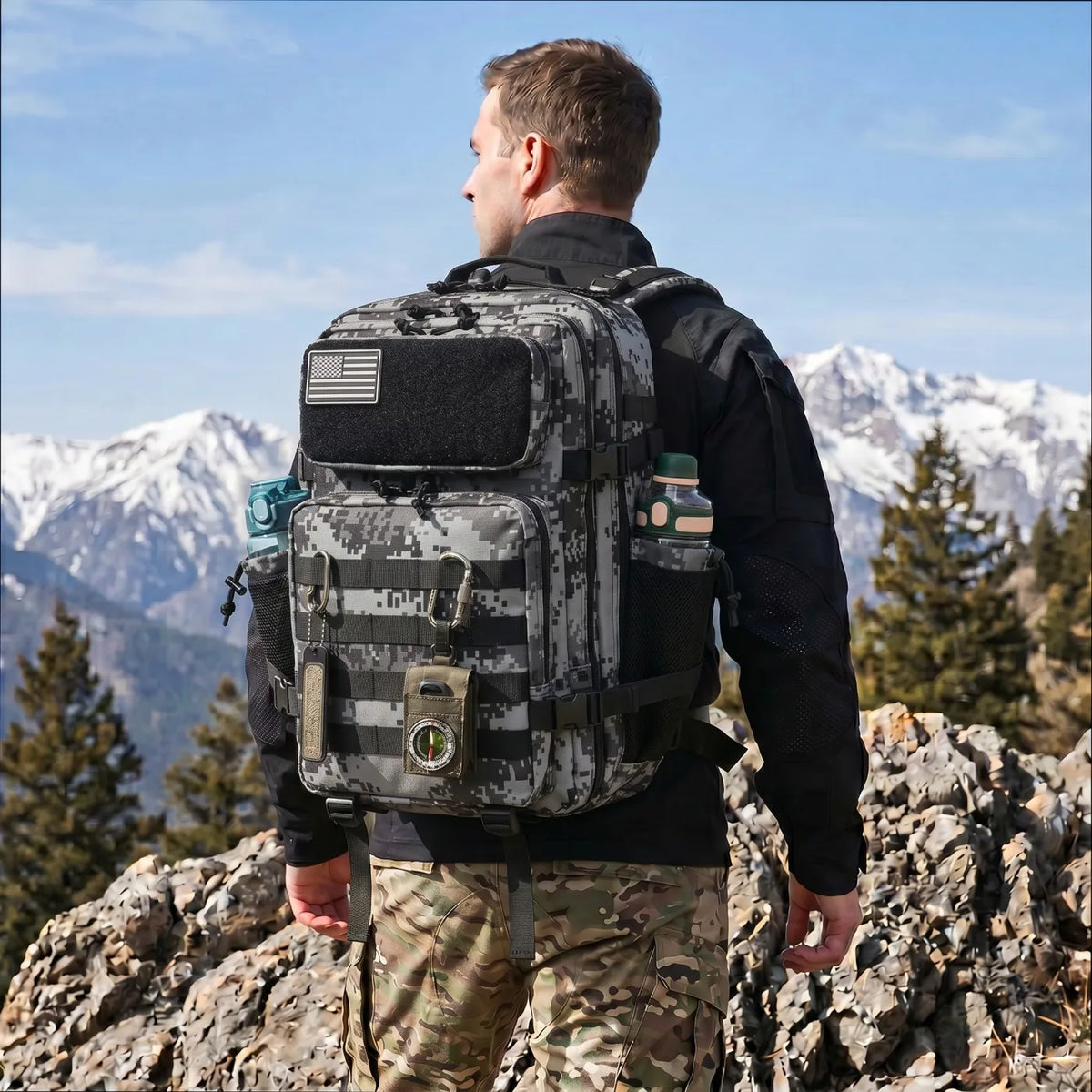 45L Large Tactical Hunting Backpack Shooting Rucksack with Dual Water Bottle Holders Outdoor Camo Hunting Gear Storage Backpack Survival Equipment Bag for Wild Shooting Hunting Trip Hiking Trekking Travel Sports EDC Daily Use