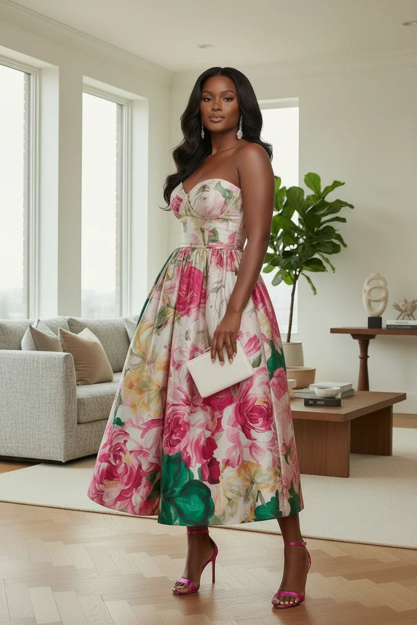 Plus Size Strapless Floral Print Sweetheart Midi Flare Dress For Women Wedding Guest Brunch Daily Elegant Party Occasions