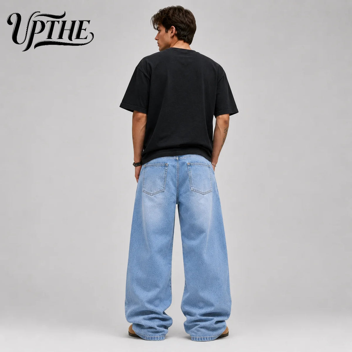 UP.THE Men Light Wash Baggy Wide Leg Jeans, Y2K Oversized Loose Denim Pants, Trendy Streetwear Trousers for Daily Outfits