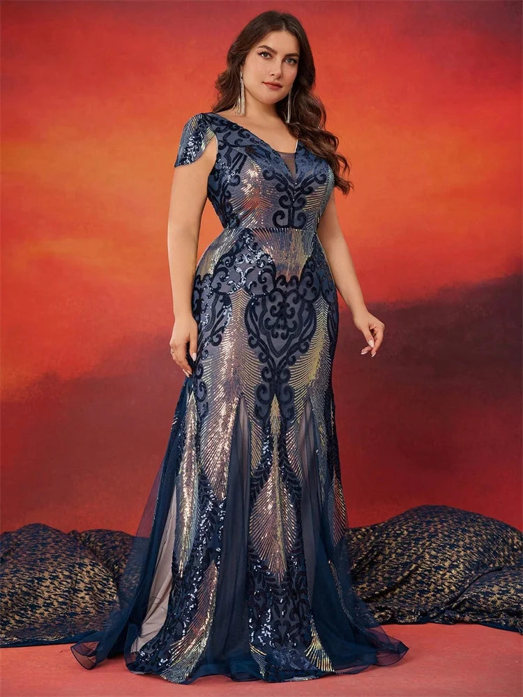 Plus Size Luxury Cap Sleeves V-back Sequins Formal Evening Dresses 2026 Elegant Mermaid Wedding Party Cocktail Family Gowns