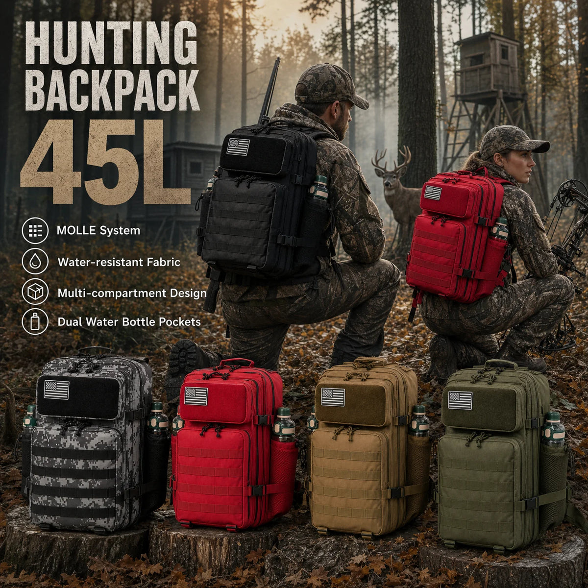 45L Large Tactical Hunting Backpack Shooting Rucksack with Dual Water Bottle Holders Outdoor Camo Hunting Gear Storage Backpack Survival Equipment Bag for Wild Shooting Hunting Trip Hiking Trekking Travel Sports EDC Daily Use