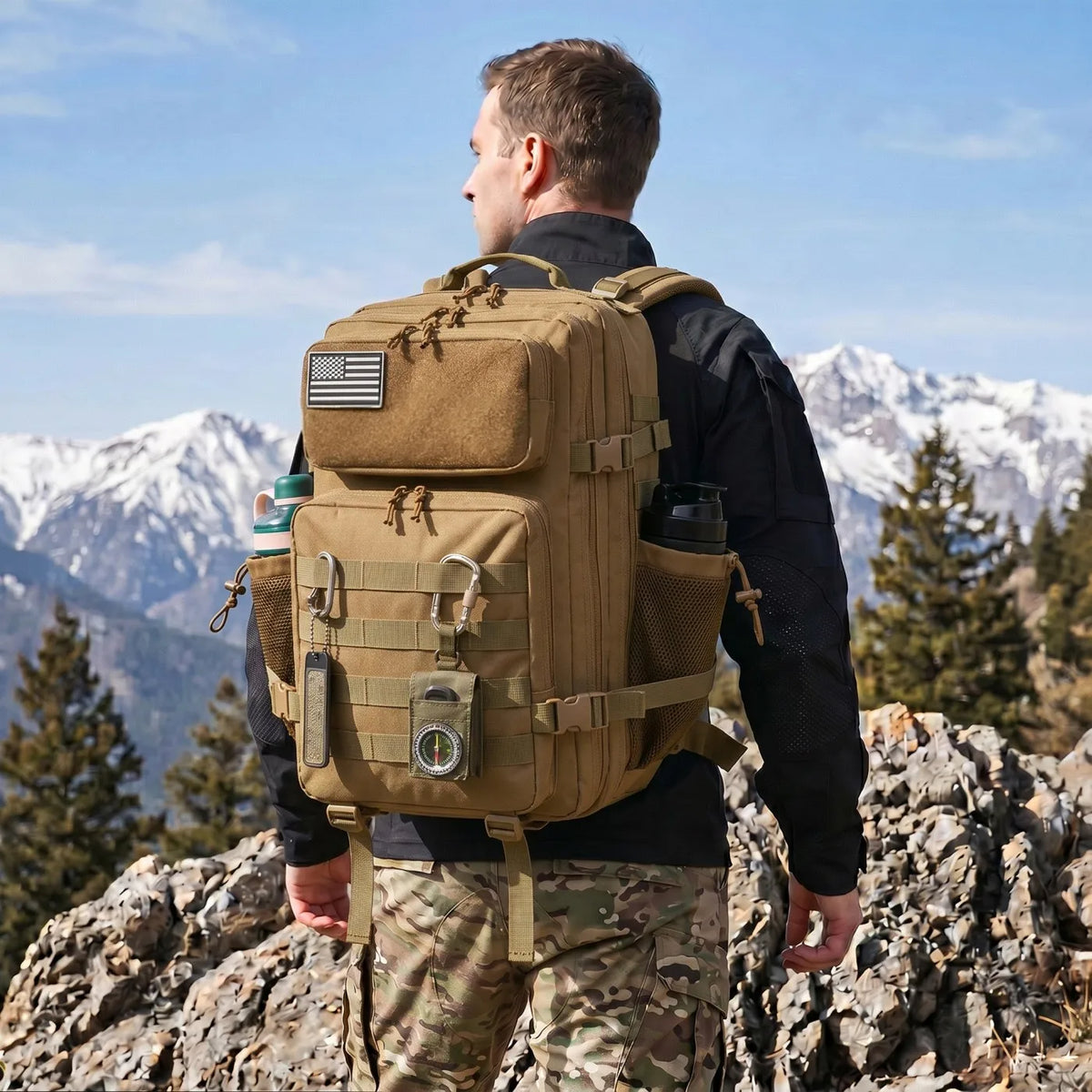 45L Large Tactical Hunting Backpack Shooting Rucksack with Dual Water Bottle Holders Outdoor Camo Hunting Gear Storage Backpack Survival Equipment Bag for Wild Shooting Hunting Trip Hiking Trekking Travel Sports EDC Daily Use
