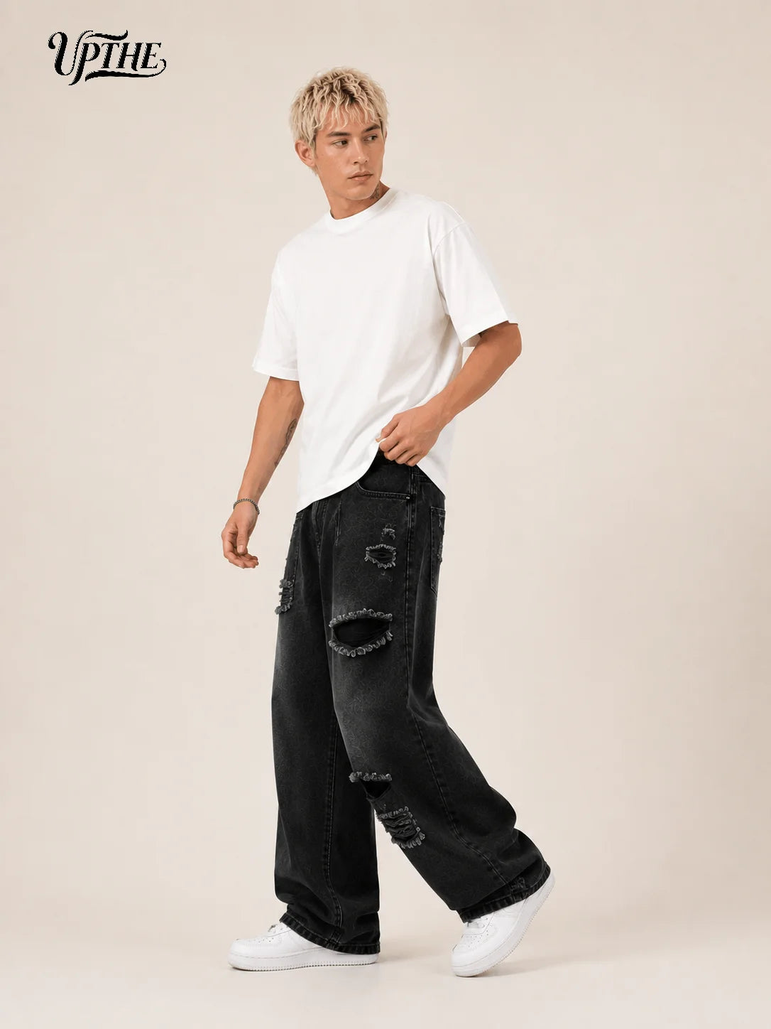 Men's Baggy Wide Leg Ripped Jeans, Y2K Distressed Jacquard Denim Pants, Loose Fit Hip Hop Streetwear Casual Denim Trousers for Men