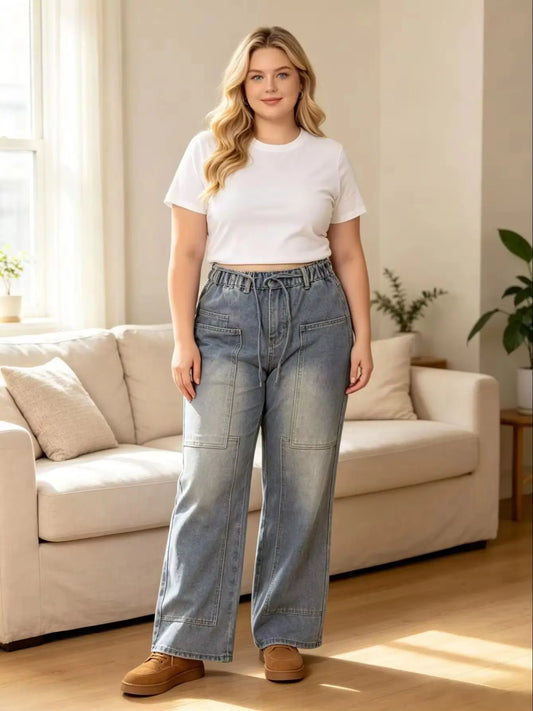 【HME】Jeans | Drawstring Elastic High Waist Denim Pants, Cargo Patch Pockets With Contrast Stitching Wide Leg Denim, Light Wash Vintage Fabric, Relaxed Fit Flattering Pants For Women Daily Commute & Streetwear