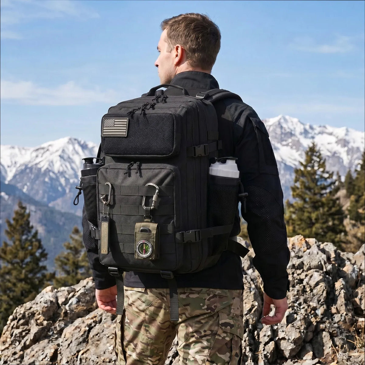 45L Large Tactical Hunting Backpack Shooting Rucksack with Dual Water Bottle Holders Outdoor Camo Hunting Gear Storage Backpack Survival Equipment Bag for Wild Shooting Hunting Trip Hiking Trekking Travel Sports EDC Daily Use