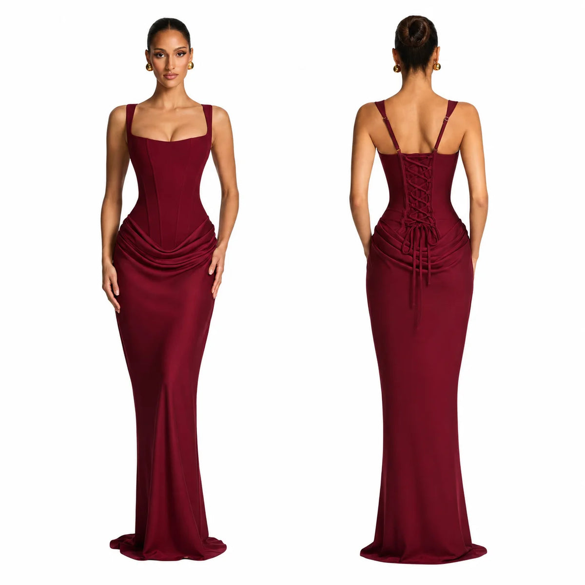 Corset Boning Square Neck Wide Strap Lace‑Up Back Draped Waist Mermaid Maxi Dress For Women Satin Bodycon Long Evening Gown Vestidos Elegant Formal Dress For Wedding Guest Prom Cocktail Banquet Party Homecoming Multi‑colo