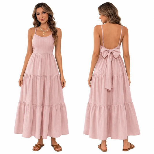 Back Bow Tie Tiered Maxi Cami Dress for Women, Textured Crinkle Spaghetti Strap Sleeveless Flowy Long Dress, Solid Color A‑Line Swing Beach Sundress for Summer Vacation Casual Party